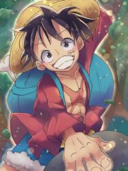 1boy bag black_hair blue_shorts clenched_teeth commentary_request cross_scar hat long_sleeves male_focus monkey_d._luffy one_piece red_shirt sash scar scar_on_chest scar_on_face shirt short_hair shorts shoulder_bag smile solo straw_hat teeth telushake_opnk yellow_sash