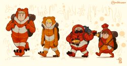1girl 3boys animal_costume beard bowl brown_hair chilchuck_tims derivative_work dungeon_meshi dwarf eating facial_hair feeding frog_costume full_body highres jitome laios_touden long_beard looking_ahead marcille_donato multiple_boys mustache notapossumofgreyskull official_alternate_costume screenshot_redraw senshi_(dungeon_meshi) thick_mustache very_long_beard walking