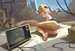 1girl absurdres ass barefoot blonde_hair blue_sky blush bodysuit brown_jacket feet from_behind gan_gan goddess_of_victory:_nikke hard_hat helmet highres jacket knees_together_feet_apart legs liter_(nikke) loli looking_at_viewer looking_back lying off_shoulder on_side shiny_clothes short_hair skin_tight sky smile soles solo television toes yellow_bodysuit yellow_eyes