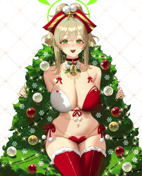 1girl absurdres bare_shoulders bell blonde_hair blue_archive blush breasts choker christmas christmas_lights christmas_ornaments christmas_tree cleavage commentary english_commentary fur-trimmed_legwear fur_trim green_eyes green_halo hair_ornament halo heart_bikini highres large_breasts looking_at_viewer nail_polish navel neck_bell nonomi_(blue_archive) open_mouth patterned_background pom_pom_(clothes) pom_pom_hair_ornament red_choker sidelocks standing stomach thighhighs white_nails wonbin_lee