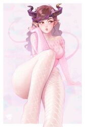 artist_name baldur&#039;s_gate baldur&#039;s_gate_3 breasts brown_hair cleavage dungeons_&amp;_dragons dungeons_&amp;_dragons feet_out_of_frame fishnet_pantyhose fishnets highres horns jewelry large_breasts long_hair multicolored_hair original pantyhose pointy_ears prywinko prywinko_(baldur&#039;s_gate) purple_hair