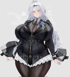 1girl black_jacket black_pantyhose blue_flower blue_rose blush bodystocking boutonniere breasts cleavage covered_navel flower grey_background hair_ornament hairclip huge_breasts jacket long_hair pantyhose plunging_neckline quanzidongziben rose skirt solo standing thick_thighs thighs white_hair white_skirt wide_hips yellow_eyes yi_xuan_(zenless_zone_zero) yixuan_(trails_of_ink)_(zenless_zone_zero) zenless_zone_zero