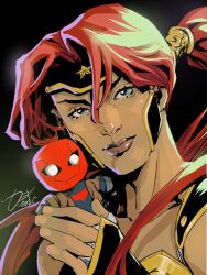 1girl amazon_warrior artemis_of_bana-mighdall bandaged_hand bandages bare_shoulders bat_signal batman_(series) batman_symbol bodysuit breasts cameo character_doll cleavage dc_comics dexter_soy doll grey_bodysuit hand_wraps jason_todd large_breasts long_hair muscular muscular_female red_hair red_hood_(dc) red_hood_and_the_outlaws red_mask simple_background smile superhero_costume two-tone_bodysuit very_long_hair western_comics_(style) wonder_woman_(series)