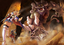 1boy 1girl armor bad_id bad_pixiv_id behemoth black_thighhighs blonde_hair boots chain fantasy monster original piro_(artist) piro_(orip) running skirt sword thighhighs weapon