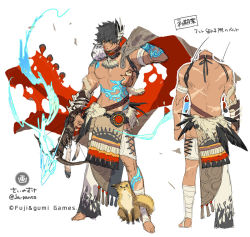 1boy animal animal_on_shoulder arm_tattoo arrow_(projectile) back bandages bandaged_arm bandaged_leg bandages barefoot belt bird black_eyes black_hair ta_ga_tame_no_alchemist facial_hair feathers glowing glowing_arrow glowing_tattoo hair_between_eyes japants leg_tattoo male_focus muscular navel official_art owl scar scar_on_mouth topless_male shoulder_tattoo simple_background sketch squirrel stomach_tattoo tattoo toenails torn torn_clothes tribal veins white_background