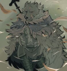 1boy animal_ears armor black_fur blaidd_the_half-wolf cape closed_mouth dog_nose elden_ring falling_leaves fang fang_out furry furry_male gintyatyatyatya highres leaf looking_at_viewer one_eye_closed scar scar_on_face sword sword_on_back weapon weapon_on_back wolf_boy wolf_ears