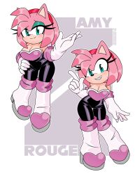 1girl absurdres amy_rose animal_ears aqua_eyes aqua_eyeshadow bare_shoulders black_bodysuit black_leotard bodysuit boots breasts contrapposto cosplay curvy elbow_gloves eyeshadow fang gloves grin hairband half-closed_eyes hand_on_own_hip hedgehog_girl high_heel_boots high_heels highres index_finger_raised knee_boots leotard long_eyelashes looking_at_viewer makeup medium_breasts nico-neko pink_fur pointing pointing_up red_hairband role_reversal rouge_the_bat rouge_the_bat_(cosplay) short_hair leotard smile solo sonic_(series) white_boots white_gloves wide_hips