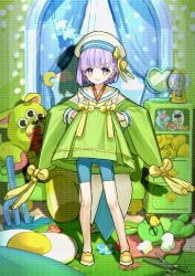 1girl :3 blue_shorts bow child closed_mouth contrapposto dress fate/grand_order fate_(series) full_body game_cg green_dress green_theme hands_on_own_hips hat hat_bow kazuradrop_(fate) kazuradrop_(first_ascension)_(fate) long_sleeves looking_at_viewer official_art purple_eyes purple_hair sailor_collar sailor_hat scissors shoes short_dress short_hair shorts sleeve_cuffs smile solo standing stuffed_animal stuffed_toy third-party_source v-shaped_eyebrows variant_set wada_arco white_hat wide_sleeves yellow_bow yellow_shoes