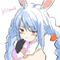 Rule 34 | 1girl, animal ear fluff, animal ears, bare shoulders, black gloves, blush stickers, braid, brown eyes, carrot hair ornament, closed mouth, commentary request, don-chan (usada pekora), food-themed hair ornament, fur-trimmed gloves, fur trim, gloves, hair between eyes, hair ornament, hand up, highres, hololive, kiritoma, long hair, looking at viewer, rabbit ears, short eyebrows, signature, simple background, solo, thick eyebrows, twin braids, twintails, upper body, usada pekora, usada pekora (1st costume), virtual youtuber, white background