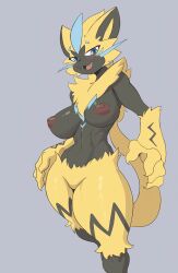 1girl absurdres animal_ears animal_nose big_hand black_fur black_skin blue_eyes blue_fur breasts claws colored_skin cooliehigh fangs featureless_crotch feet_out_of_frame female_focus furry furry_female gen_7_pokemon highres large_breasts legendary_pokemon looking_at_viewer mythical_pokemon navel nintendo nipples open_mouth pokemon pokemon_(creature) simple_background smile solo spiked_hair thick_thighs thighs two-tone_fur wide_hips yellow_fur zeraora
