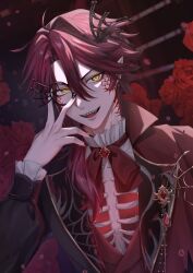 Rule 34 | 1boy, absurdres, adjusting monocle, alternate costume, black nails, flower, frilled shirt collar, frilled sleeves, frills, gold trim, high collar, highres, holostars, holostars english, jacket, jurard t rexford, low ponytail, male focus, monocle, multicolored jacket, nail polish, neck ribbon, official alternate eye color, open mouth, parted bangs, petals, pointy ears, ponytail, red flower, red hair, red ribbon, red rose, red vest, ribbon, ribs, rose, rose petals, saaki haruno, scales, sharp teeth, single hair intake, skeletal clothes, slit pupils, solo, teeth, two-tone jacket, upper body, vest, virtual youtuber, waistcoat, yellow eyes
