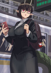1girl backpack bag biscione_(fate) biscione_(first_ascension)_(fate) black_hair black_jacket black_skirt breasts cellphone collared_shirt dragon_girl dragon_tail fate/grand_order fate_(series) hair_ornament highres horns jacket ksfactory large_breasts open_mouth pencil_skirt phone pointy_ears red_eyes shirt short_hair skirt solo tail white_shirt