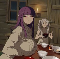 1boy 1girl :3 =_= absurdres artist_name blunt_bangs bowl breast_rest breasts dress fern_(sousou_no_frieren) frieren glass glowing glowing_eyes half-closed_eyes highres indoors inkspirate large_breasts looking_at_viewer night purple_eyes purple_hair sitting smile sousou_no_frieren strap_slip table twitter_username twitter_x_logo upper_body white_dress white_hair window