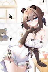 1girl absurdres arm_support bare_shoulders black_choker black_gloves blue_eyes breasts brown_hair choker cleavage dress gloves head_tilt highres knosdeba large_breasts looking_at_viewer short_dress short_hair sidelocks solo strapless strapless_dress strinova stuffed_animal stuffed_toy teddy_bear thighs white_dress yvette_(strinova)