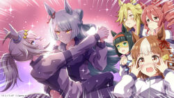 Rule 34 | 6+girls, absurdres, alternate hairstyle, belno light (umamusume), black hair, blue eyes, brown eyes, brown hair, commentary request, dancing, emphasis lines, glowing, glowing eyes, green eyes, hair between eyes, hair ornament, highres, holding hands, jacket, multiple girls, norn ace (umamusume), official art, oguri cap (umamusume), serious, sweat, tears, teeth, track jacket, umamusume, umamusume: cinderella gray, upper teeth only, yellow eyes