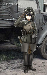 1girl absurdres ammunition_pouch animal_ears belt black_boots blazer boots brown_gloves cat_ears cat_girl cat_tail epaulettes full_body germany gloves goggles hat highres jacket long_hair looking_to_the_side military military_uniform nazi original peaked_cap photo_background pouch reichsadler scenery solo standing tail wehrmacht weimar_29 world_war_ii yellow_eyes