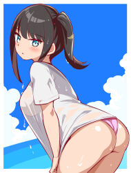 1girl aqua_eyes ass bikini bikini_under_clothes black_hair blush breasts cougar_(cougar1404) embarrassed from_behind leaning leaning_forward long_hair looking_at_viewer medium_breasts original shirt shirt_tug side_ponytail sideboob solo swimsuit swimsuit_under_clothes water wet wet_clothes wet_hair
