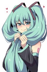 1girl aqua_eyes aqua_hair arm_tattoo arms_up black_sleeves blush choppy_bangs detached_sleeves hatsune_miku heart highres hinghoi holding holding_own_hair long_hair number_tattoo simple_background smile solo tattoo twintails upper_body very_long_hair vocaloid white_background wide_sleeves