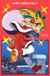 1girl bag blonde_hair capcom child chimney green_eyes hat highres long_hair looking_at_viewer mega_man_(classic) mega_man_(series) merry_christmas open_mouth ponytail ribbon roll_(mega_man) roof rush_(mega_man) santa_hat shisui snowing