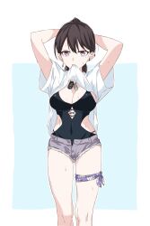 Rule 34 | 1girl, arms up, bang dream!, bang dream! it&#039;s mygo!!!!!, black one-piece swimsuit, border, breasts, cleavage, clothes in mouth, commentary, covered navel, dog tags, earrings, grey shorts, highres, jewelry, large breasts, looking at viewer, mismatched earrings, mole, mole under eye, mouth hold, one-piece swimsuit, ponytail, porinki, purple eyes, shiina taki, shirt, shirt in mouth, short sleeves, shorts, solo, swimsuit, tying hair, wet, white border, white shirt