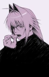 1boy ahoge eating fangs food glasses hair_ears hair_intakes highres holding holding_food long_hair macaron male_focus meisharan nostrils open_mouth original sketch solo teeth turtleneck valentine_(meisharan) white_background