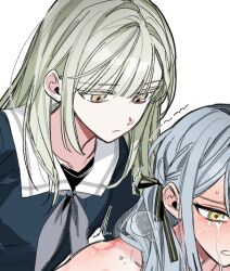 2girls bang_dream! bang_dream!_it&#039;s_mygo!!!!! bite_mark blue_hair crying green_hair heavy_breathing implied_sex multiple_girls nutella_1231 school_uniform serafuku togawa_sakiko trembling wakaba_mutsumi yuri