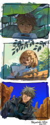 1girl 2boys bench blonde_hair book brown_eyes brown_hair bush butte cardinal_(ragnarok_online) closed_eyes closed_mouth commentary dated_commentary dress fur_collar green_shirt grey_cloak grey_hair holding holding_book leaf long_sleeves looking_at_viewer medium_hair multiple_boys open_book open_mouth ragnarok_online reading shadow_cross_(ragnarok_online) shirt short_hair smile upper_body white_dress wind_hawk_(ragnarok_online) z.i