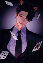 1boy aegyo_sal animal_ears black_hair black_jacket black_necktie cat_boy cat_ears closed_mouth earrings eyes_visible_through_hair floating_card grey_background grey_eyes hair_over_one_eye highres jacket jewelry looking_at_viewer male_focus necktie original parted_bangs shirt short_hair solo suit_jacket toscana20460423 upper_body white_shirt