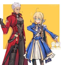 1girl 3boys archer_(fate) artoria_pendragon_(fate) coat crossover cu_chulainn_(fate) dark-skinned_male dark_skin dress emiya_shirou fate/stay_night fate/unlimited_blade_works fate_(series) highres honkai:_star_rail honkai_(series) multiple_boys red_coat saber_(fate) spiked_hair white_hair zuruhari