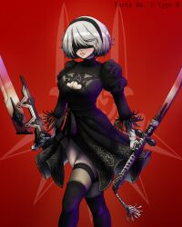 2b_(nier:automata) absurdres black_dress blindfold breasts dress dual_wielding garter_straps gloves hairband highres holding katana looking_at_viewer medium_breasts nier:automata nier_(series) panties puffy_sleeves ribbon short_hair solo sword thighhighs underwear weapon white_hair yorha_unit