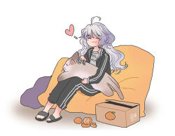 ahoge box cat_ornament couch dakimakura_(object) food fruit grey_hair jacket long_hair mabinogi mandarin_orange pillow reinforced rowan_(mabinogi) slippers track_jacket