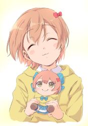 1girl :3 blush bow character_doll closed_eyes closed_mouth cropped_torso doll facing_viewer hair_bow highres holding holding_doll hoshizora_rin long_sleeves love_live! love_live!_school_idol_project orange_hair red_bow sen_(sen0910) short_hair smile solo sweater upper_body yellow_sweater