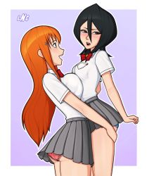 2girls ass asymmetrical_docking black_hair bleach blue_panties blush bow breast_press breasts feet_out_of_frame from_side grey_skirt hair_between_eyes hair_ornament held_up inoue_orihime kuchiki_rukia large_breasts lips long_hair loodncrood looking_at_another looking_to_the_side multiple_girls bowtie open_mouth orange_hair panties pink_panties pleated_skirt red_bow school_uniform shirt short_hair sidelocks skirt small_breasts standing teeth thighs underwear upper_teeth_only white_shirt