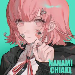 Rule 34 | 1girl, absurdres, aqua background, bandaid, bandaid on face, black hoodie, black jacket, black shirt, character name, closed mouth, collared shirt, danganronpa (series), danganronpa 2: goodbye despair, dress shirt, galaga, green background, hair ornament, hand up, heart sticker, highres, hood, hoodie, jacket, long sleeves, looking at viewer, medium hair, nanami chiaki, neck ribbon, open clothes, open hoodie, open jacket, pink eyes, pink hair, pink ribbon, ribbon, shirt, short hair, shujitsu 55, simple background, smile, solo, spaceship hair ornament, sticker, twitter username, white shirt