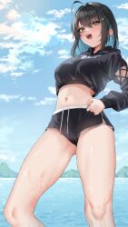 1girl absurdres ahoge arm_cutout bare_legs black_hair black_jacket black_shorts blue_hair borrowed_character brown_eyes cloud colored_inner_hair cropped_hoodie cross cross_earrings earrings gluteal_fold hair_intakes hair_ornament hairclip hand_on_own_hip highres hood hood_down hoodie horizon irene_(kanniiepan) jacket jewelry looking_at_viewer medium_hair mole mole_under_eye multicolored_hair navel ocean open_mouth original ryudraw shiny_skin short_shorts shorts sky solo standing stomach thighs two-tone_hair wading wet