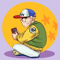 Rule 34 | 1boy, black eyes, dragon ball, dragon ball (object), gameboy, gameboy advance, highres, kuririn, playing games, serious, solo