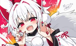 1girl animal_ears blush claw_pose commentary detached_sleeves fingernails hat highres inubashiri_momiji leaf looking_at_viewer maple_leaf open_mouth pokopoko_ponzu pom_pom_(clothes) red_background red_eyes red_hat red_nails ribbon-trimmed_sleeves ribbon_trim shirt short_hair sleeveless sleeveless_shirt smile solo symbol-only_commentary tail teeth tokin_hat touhou turtleneck turtleneck_shirt upper_body upper_teeth_only white_hair white_shirt white_sleeves wolf_ears wolf_girl wolf_tail