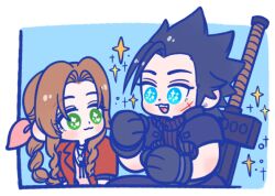 105zz 1boy 1girl :3 aerith_gainsborough armor black_gloves black_hair blue_eyes blush braid braided_ponytail buster_sword chinese_commentary choker commentary_request cross_scar dress earrings facial_scar final_fantasy final_fantasy_vii final_fantasy_vii_ever_crisis final_fantasy_vii_remake gloves green_eyes hair_ribbon jacket jewelry looking_at_another open_mouth parted_bangs pink_dress pink_ribbon ponytail red_jacket ribbed_sweater ribbon scar scar_on_cheek scar_on_face short_hair shoulder_armor sleeveless sleeveless_turtleneck sparkle sparkling_eyes spiked_hair stud_earrings sweater sword sword_on_back turtleneck turtleneck_sweater upper_body weapon weapon_on_back zack_fair
