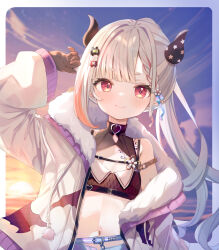Rule 34 | 1girl, black gloves, black horns, blush, border, closed mouth, commentary request, gloves, grey hair, hair ornament, horns, jacket, looking at viewer, multicolored hair, naraka (5th costume) (nijisanji), naraka (nijisanji), navel, nijisanji, open clothes, open jacket, orange hair, outside border, red eyes, solo, two-tone hair, virtual youtuber, yatani row