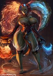 1girl areola_slip breasts bursting_breasts colored_skin commission cutesexyrobutts eyeshadow female_focus fire gerudo glowing glowing_eyes green_skin heterochromia highres huge_breasts ice jewelry lipstick long_hair makeup makeup_brush monster_girl nintendo one_eye_closed pointy_ears red_hair revealing_clothes see-through_clothes silver_hair smile solo the_legend_of_zelda the_legend_of_zelda:_ocarina_of_time thighs twinrova twintails
