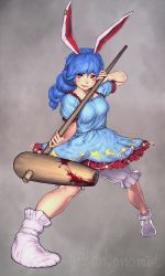 1girl alpha_signature ambiguous_red_liquid animal_ears artist_name bloomers blue_dress blue_hair breasts crescent crescent_print dated dress earclip envenomist_(gengoroumaru) female_focus frilled_dress frilled_sleeves frills full_body grey_background highres holding kine large_breasts lips long_hair looking_at_viewer mallet no_shoes puffy_short_sleeves puffy_sleeves rabbit_ears red_eyes seiran_(touhou) short_dress short_sleeves smile socks solo stain stance star_(symbol) star_print touhou twintails underwear
