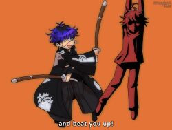 2boys bdsm black_hair blue_hair bondage bound bridge_piercing earrings english_text eyepatch face_piercing full_body holding_wooden_sword japanese_clothes jewelry lip_piercing male_focus multicolored_hair multiple_boys omokage_yugamu one_eye_covered piercing silhouette standing sumino_takumi sword the_hundred_line_-last_defense_academy- weapon wooden_sword yaoi