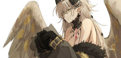 1girl bare_shoulders body_markings breasts cleavage crossed_bangs demon_girl demon_horns detached_collar detached_sleeves earrings fate/grand_order fate_(series) feathered_wings fur-trimmed_jacket fur_trim green_eyes grey_hair hair_between_eyes highres horns jacket jewelry kankan33333 lace_trim large_breasts lilith_(fate) lilith_(third_ascension)_(fate) long_hair long_sleeves pointy_ears puffy_long_sleeves puffy_sleeves solo very_long_hair wings