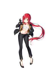 1girl :t black_gloves black_jacket black_pants black_shoes chest_sarashi closers frown full_body gloves hand_on_own_hip hand_up high_heels highres jacket long_hair long_sleeves looking_at_viewer low_ponytail navel official_art open_clothes open_jacket pants ponytail pout red_eyes red_hair sarashi seth_(closers) shoes simple_background solo standing stomach v-shaped_eyebrows very_long_hair white_background
