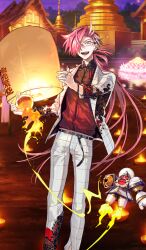 1boy :d attack_trail belt belt_buckle black_belt black_shirt bracelet buckle buttons commentary_request earrings endo_(takolegs) fate/grand_order fate_(series) feet_out_of_frame flying grid hair_ornament hair_over_one_eye high_collar holding holding_lantern jacket jewelry lantern lapels long_hair long_sleeves low_ponytail male_focus multiple_rings official_alternate_costume official_art one_eye_covered open_clothes open_jacket open_mouth pants paper_lantern ponytail print_jacket print_pants rectangular_eyewear red_eyes red_hair red_shirt ring robot rocket shirt sky_lantern smile solo standing takasugi_shinsaku_(fate) teeth third-party_source two-tone_shirt upper_teeth_only very_long_hair white_jacket white_pants white_streaks x_hair_ornament