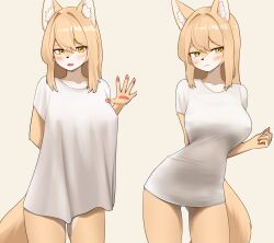 1girl absurdres animal_ear_fluff animal_ears blonde_hair blush breasts closed_mouth collarbone eyebrows_hidden_by_hair eyes_visible_through_hair fox_ears fox_girl fox_tail furry furry_female hair_between_eyes highres jeifier_(character) jeifier_(korfiorano01) large_breasts long_hair looking_at_viewer meme original pajamas_challenge_(meme) shirt smile solo standing tail thighhighs very_long_hair white_background white_shirt