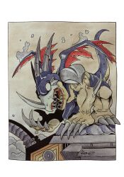 aerov-dramon beak blank_eyes blue_skin claws cloud colored_skin digimon digimon_(creature) dragon elbow_blade from_side highres horns inktober monster multicolored_skin multiple_horns muscular on_roof open_mouth painting_(medium) perching profile red_wings sharp_teeth solo tail taragraphika teeth torn_wings traditional_media two-tone_skin veins veiny_arms watercolor_(medium) white_eyes white_skin wings
