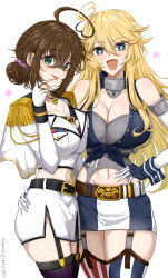 2girls blonde_hair blue_eyes breasts chamumi_(mochiumee) cleavage cowboy_shot detached_sleeves epaulettes female_admiral_(kancolle) fingerless_gloves gloves green_eyes hand_on_another&#039;s_hip hand_on_own_chest highres iowa_(kancolle) jacket kantai_collection large_breasts looking_at_viewer medium_hair military_jacket mole mole_on_breast mole_under_eye multiple_girls navel off_shoulder open_mouth original pencil_skirt skirt sleeveless smile tongue tongue_out white_gloves white_jacket