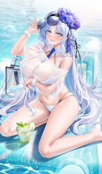 1girl absurdres alsace_(azur_lane) alsace_(heat_beating_summer_sacrament)_(azur_lane) arm_under_breasts azur_lane bare_shoulders between_breasts bikini blue_eyes blue_flower blue_hair blue_necktie blurry blush bokeh braid breasts cleavage commentary_request cropped_shirt cup depth_of_field drinking_glass flower food hair_flower hair_ornament highres holding holding_food holding_popsicle inflatable_raft large_breasts long_hair looking_at_viewer multi-strapped_bikini_bottom navel necktie necktie_between_breasts ocean off-shoulder_shirt off_shoulder official_alternate_costume open_mouth popsicle scrunchie see-through_clothes see-through_shirt shirt solo stardust_(chen&#039;ai_weiding) stomach swimsuit thighs very_long_hair wet white_bikini white_shirt wrist_scrunchie