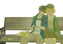 Rule 34 | 2boys, antenna hair, bag, basil (birthday) (omori), basil (faraway) (omori), basil (omori), bench, black eyes, black hair, blonde hair, blue eyes, blue jacket, bright pupils, brown hat, brown overalls, cardigan, closed mouth, coajvejdgi1508, collarbone, green cardigan, hat, highres, jacket, long sleeves, male focus, multiple boys, newsboy cap, omori, overalls, plastic bag, shirt, short-sleeved jacket, short hair, short sleeves, simple background, sitting, smile, sunny (birthday) (omori), sunny (omori), t-shirt, white background, white pupils, white shirt, yaoi